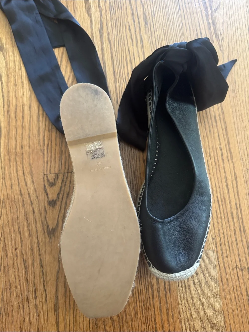 Free People Black Leather Espadrille Ballet Flats with Satin Ankle Ribbons